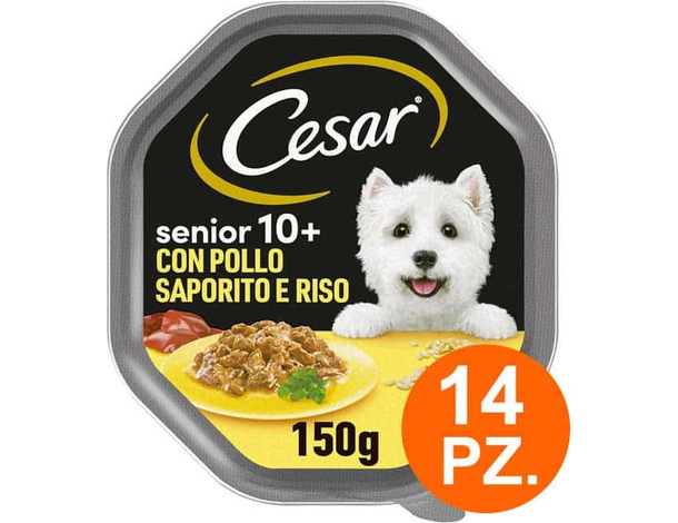 Cesar per Cani Senior 10+ con Pollo Saporito e Riso in Salsa 14 vaschette 150g