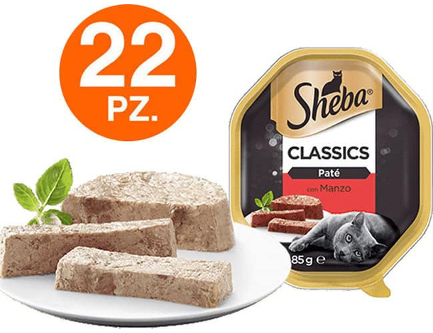 Sheba Classics Patè Manzo Cibo Umido Completo Gatti Adulti Vaschette 22x 85g
