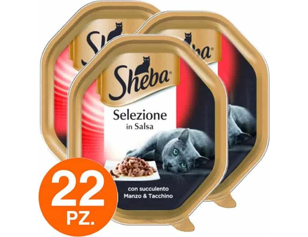 Sheba Cibo per Gatti al Gusto manzo e Tacchino - 22 Vaschette da 85 grammi
