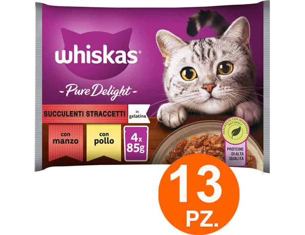 Whiskas Pure Delight Succulenti Straccetti Cibo Gatti Pollo Manzo 52 bustine