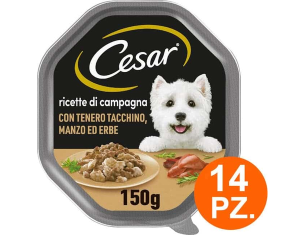 Cesar Ricette di Campagna Cibo per Cani Manzo e Tacchino - 14 Vaschette da 150g