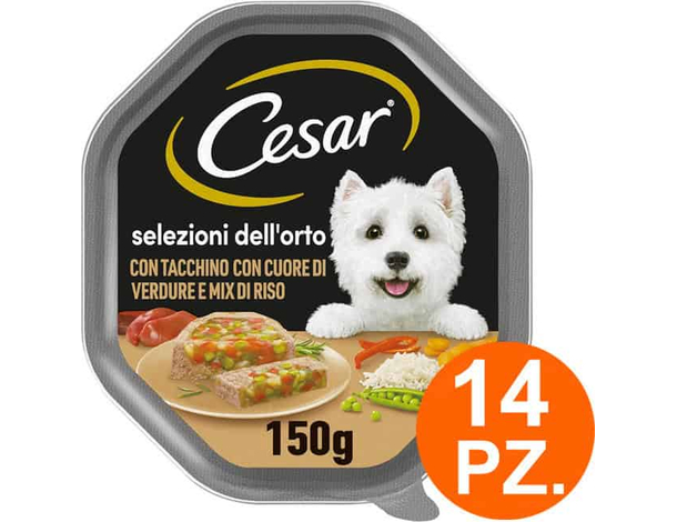 Cesar Selezioni dell'Orto Cibo per Cani tacchino e verdure 14 Vaschette da 150g