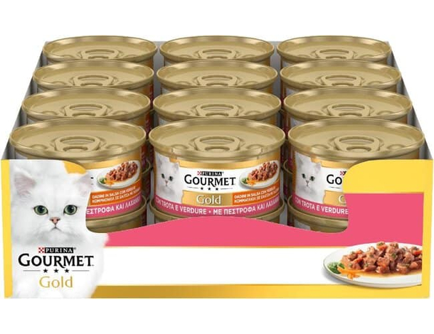 24x Scatolette 85g Gourmet Gold Dadini in Salsa con Trota e Verdure,...