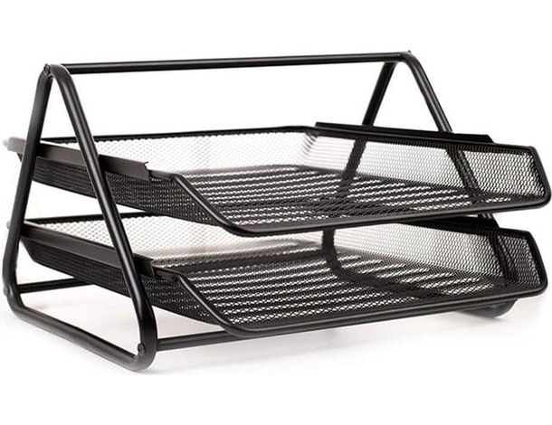 Organizer da Scrivania in Metallo Nero, 2 Scomparti Scorrevoli A4, Design a...