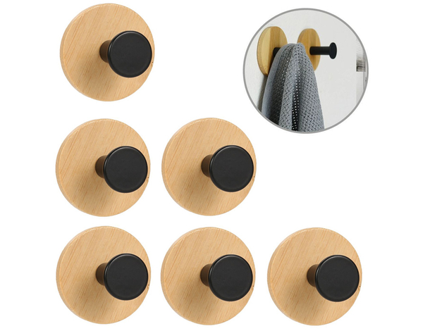 Set 6 ganci adesivi porta asciugamani in bambù e metallo nero, design moderno...