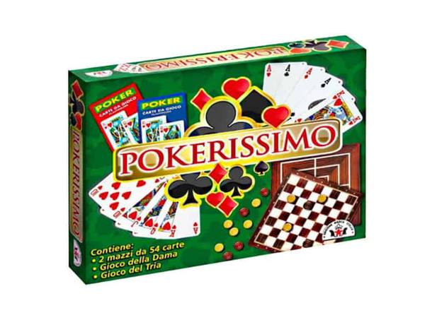 Set Pokerissimo: 2 mazzi carte plastificate e giochi Dama e Tria per serate...