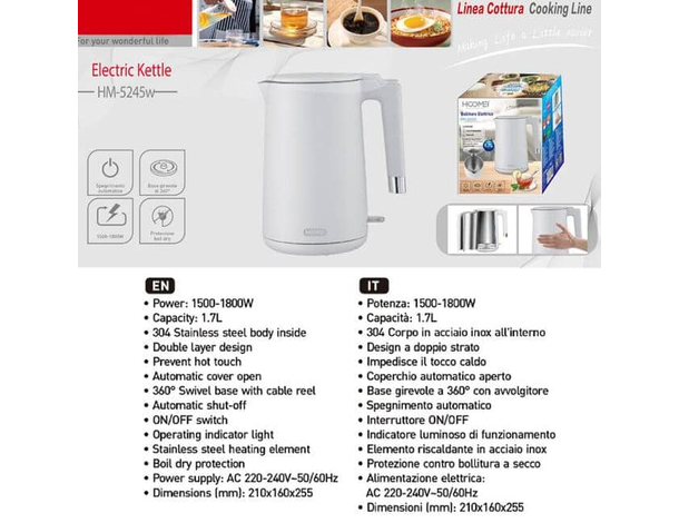 Bollitore Elettrico 1,7L 1800W in Acciaio Inox 304: Design Sicuro, Base...