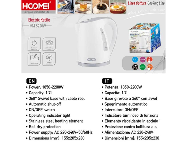 Bollitore Elettrico 1,7L 2200W: Base Wireless 360°, Sicuro, Spegnimento...