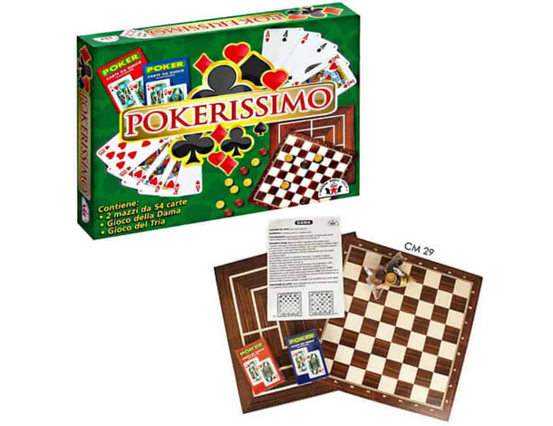 Set Pokerissimo: 2 mazzi carte plastificate e giochi Dama e Tria per serate...