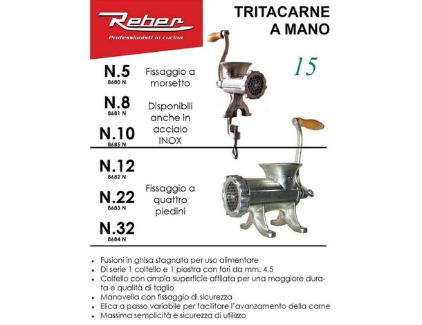 Tritacarne Manuale Reber N.12 con piastra di Fissaggio e manovella con...