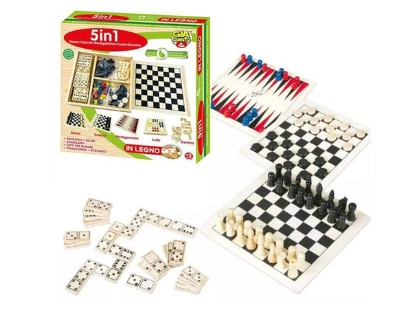 Scatola di legno 5 giochi classici in 1: scacchi, dama, backgammon, ludo e...