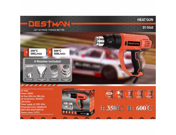 Pistola Termica Elettrica Destman DT-5560 - 2000W, 2 Velocità, 4 Ugelli...