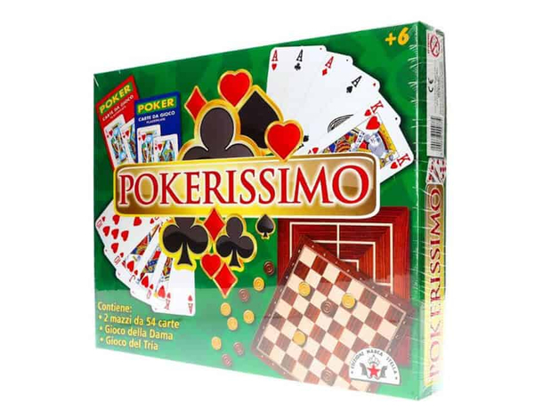 Set Pokerissimo: 2 mazzi carte plastificate e giochi Dama e Tria per serate...