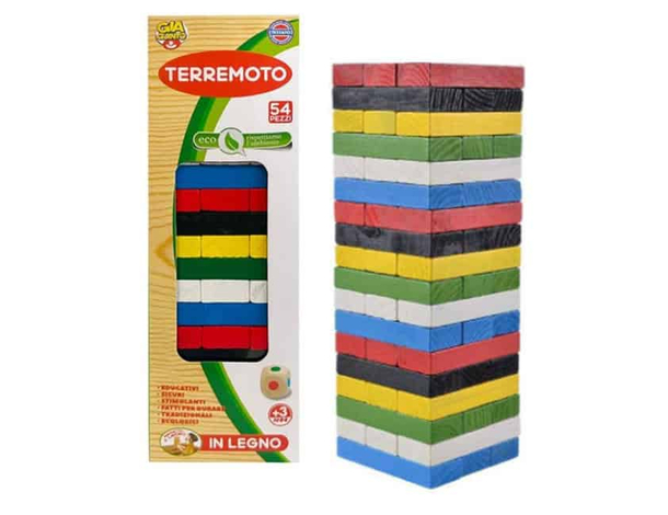 Gioco di abilità Terremoto in legno colorato: 54 mattoncini per sfide di...