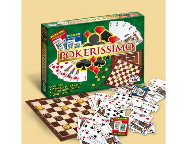 Set Pokerissimo: 2 mazzi carte plastificate e giochi Dama e Tria per serate...