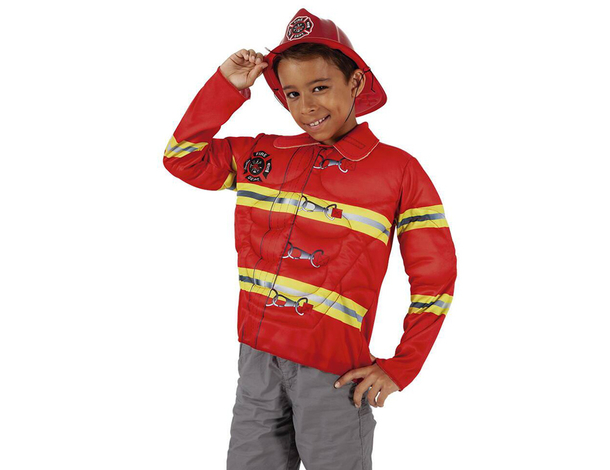 Costume da pompiere per bambino: tuta rossa con bande riflettenti e casco....