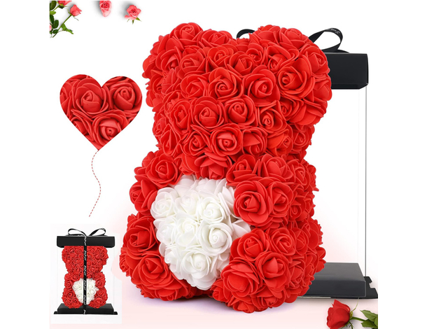 Orso Orsetto di Rose Artificiale rosse,Bouquet di Fiori, Regalo romantico per...