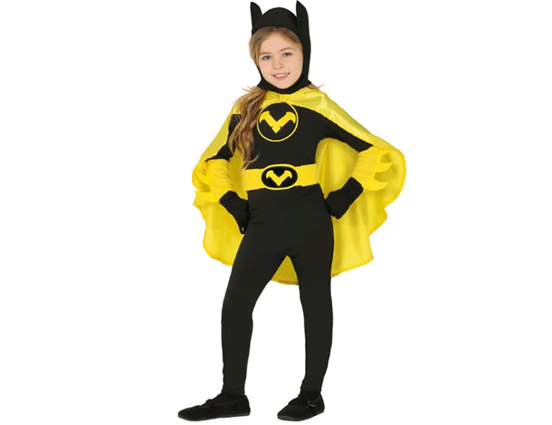 Costume Batwoman bimba: tuta nera con mantello, cintura e cappello, perfetto...