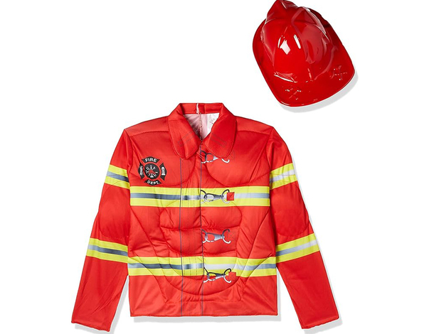 Costume da pompiere per bambino: tuta rossa con bande riflettenti e casco....