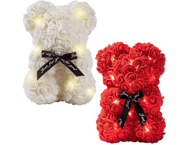 Orso Orsetto di Rose Artificiale rosse o bianche, luci led, Regalo romantico,...