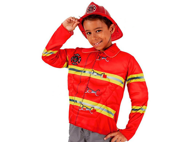 Costume da pompiere per bambino: tuta rossa con bande riflettenti e casco....