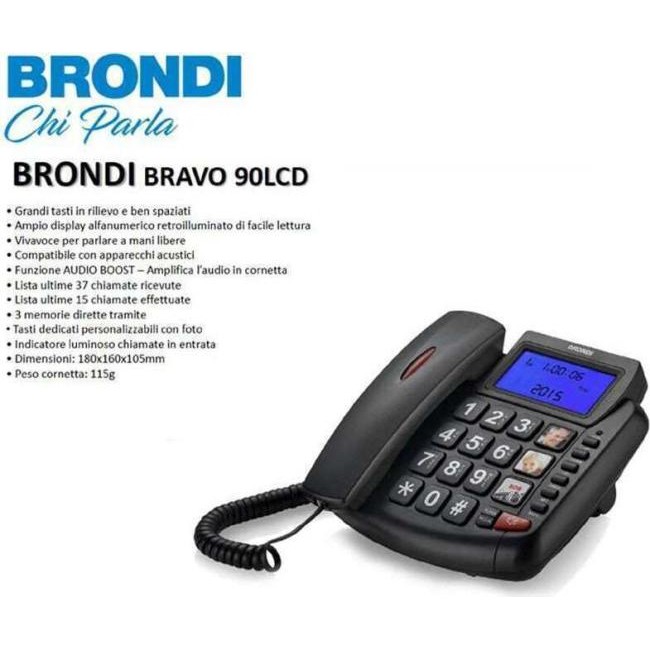 Telefono Fisso con Tasti Grandi Brondi Per Anziani Bravo 90 Nero con Vivavoce...