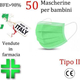 50x Mascherine Chirurgiche per Bambini  Certificate CE Verde Monouso...