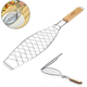 Griglia per Pesce Barbecue Graticola in Acciaio Manico in Legno 14x37cm